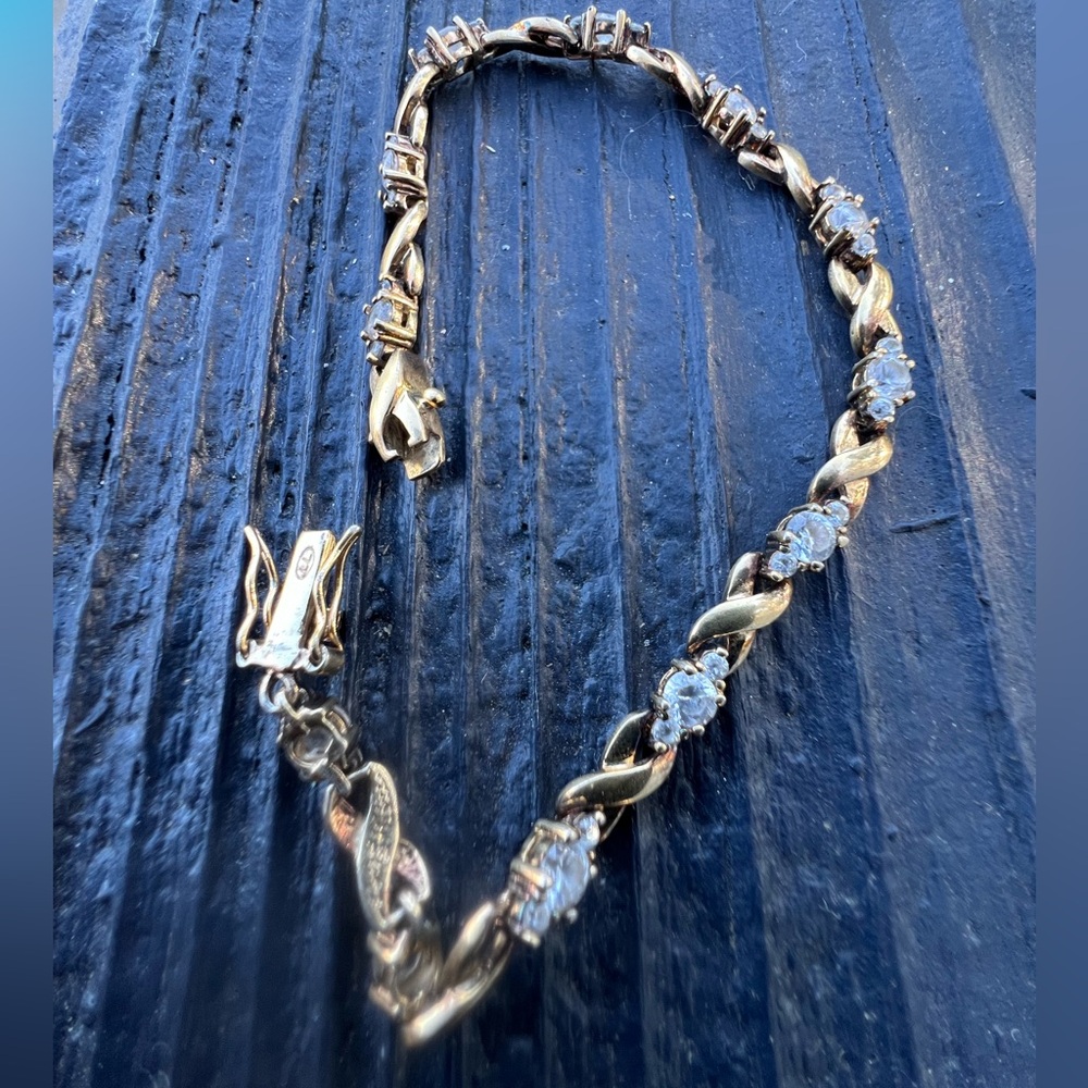 925 Sterling Silver Tennis Bracelet CZ Gold Vermeil X Links Double Safety Catch
